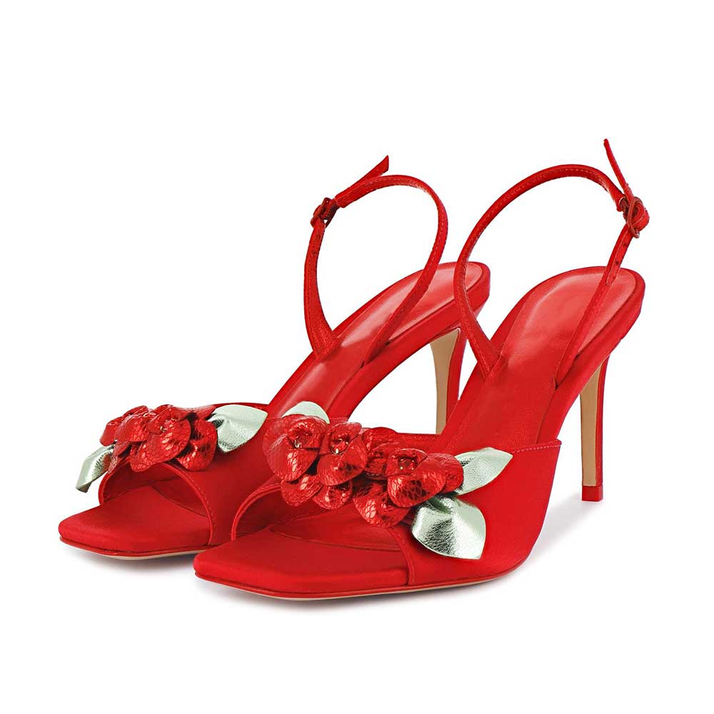 Red Rose Embellished Open Toe Stiletto Heel Buckle Slingback Pumps Nicepairs