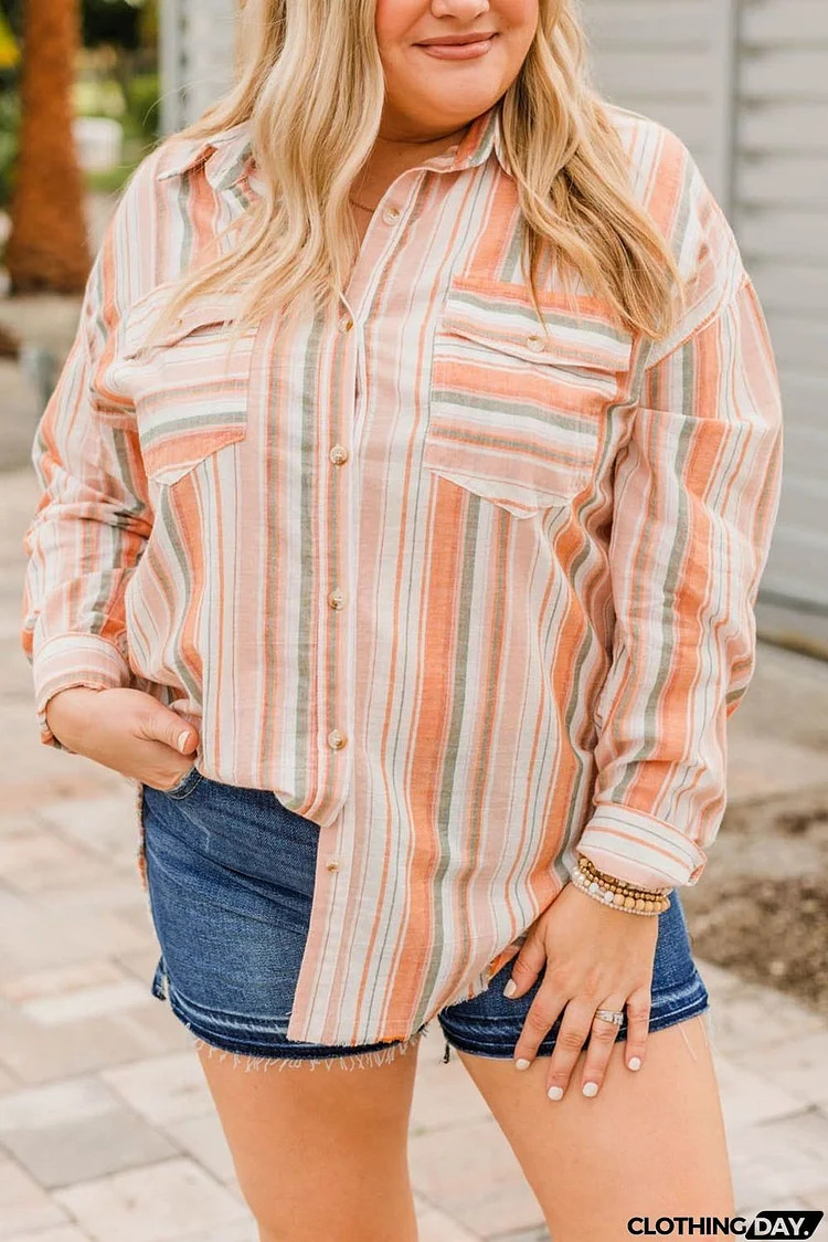 Plus Size Striped Shirt with Chest Pockets