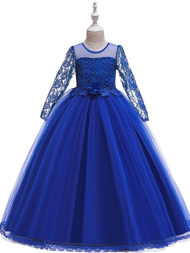 Oknass Long Sleeve Jewel Neck Flower Girl Dresses  Poly  Polyester  Cotton  Lace  With Butterfly Design  Sash Ribbon  Beading