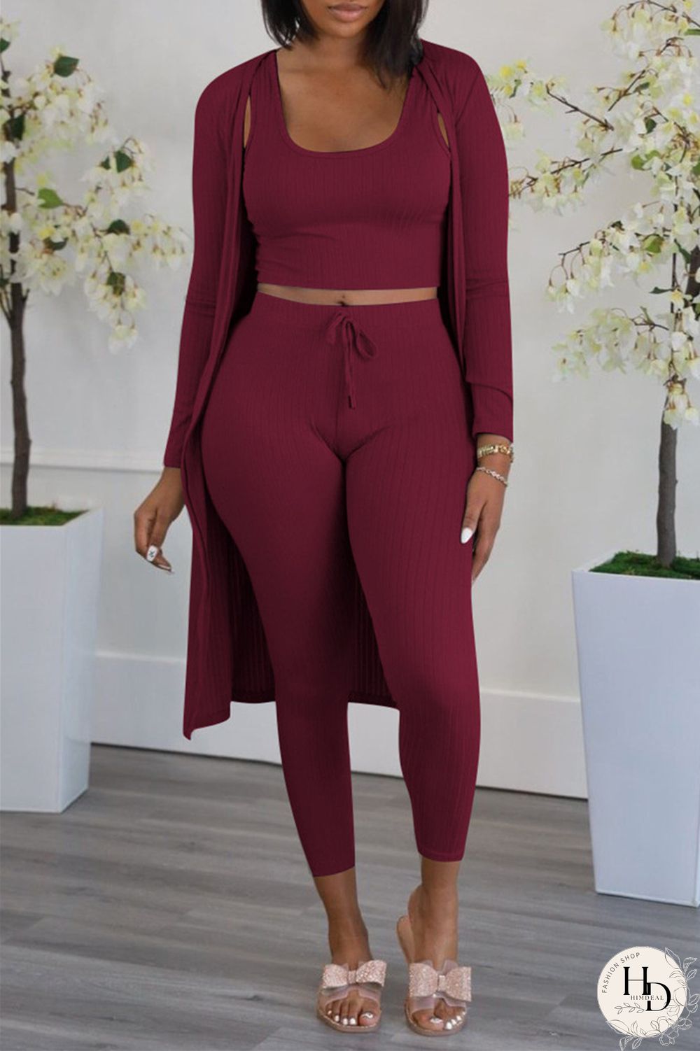 Burgundy Fashion Casual Solid Cardigan Vests Pants U Neck Long Sleeve Three-piece Set