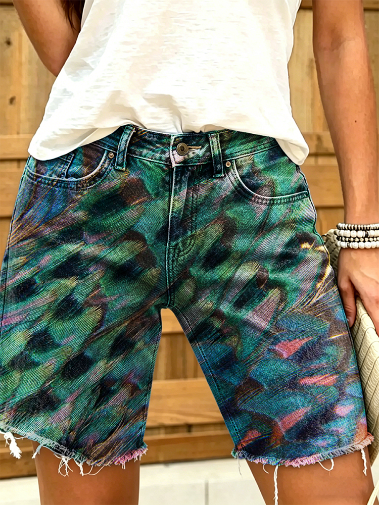 Women's Retro Colorful Art Print Casual Washed Cotton Denim Shorts