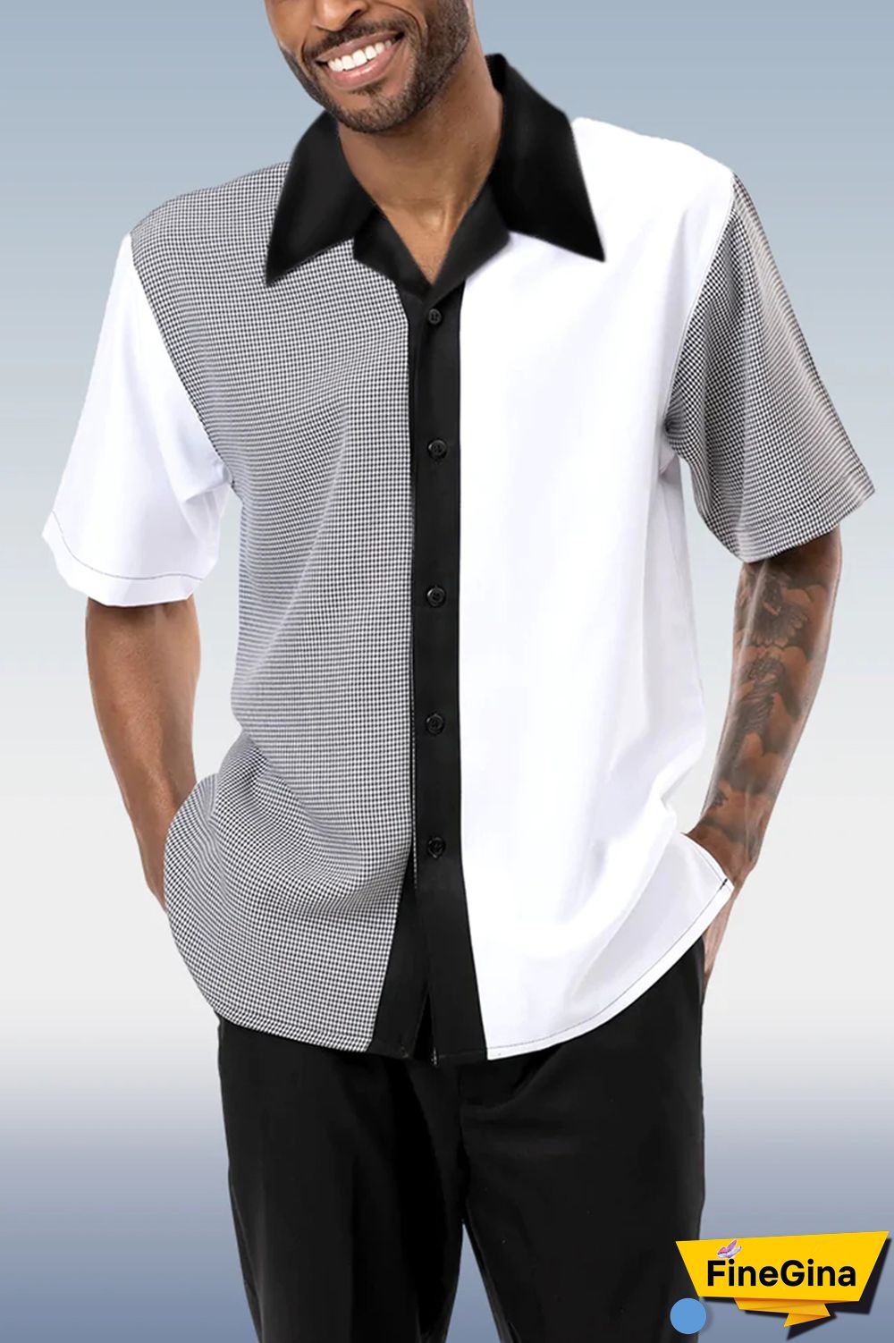 Black White Black Vertical Color Block Walking Suit 2 Piece Short Sleeve Set