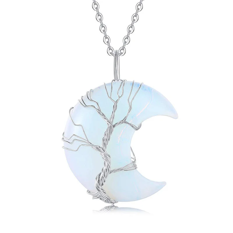 Natural Quartz Crystal Moon Tree Of Life Healing Energy Necklace Pendant