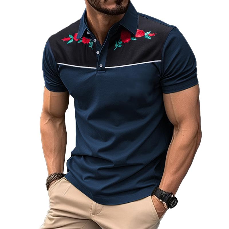 Men's Vintage Rose Embroidery Stitching Breathable Lapel Short Sleeve POLO Shirt 98245795Y