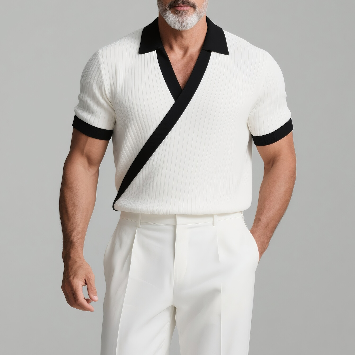Men's Contrast Color Turndown Collar Wrap Short Sleeve Knit Shirt