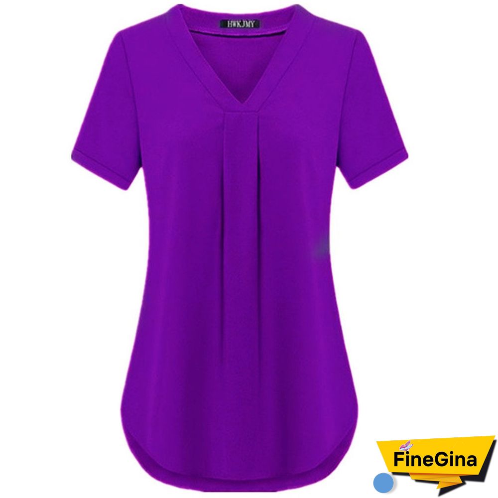 Womens Fashion Summer Sexy V-neck Short Sleeve Shirt Solid Color Loose Pleated Chiffon T