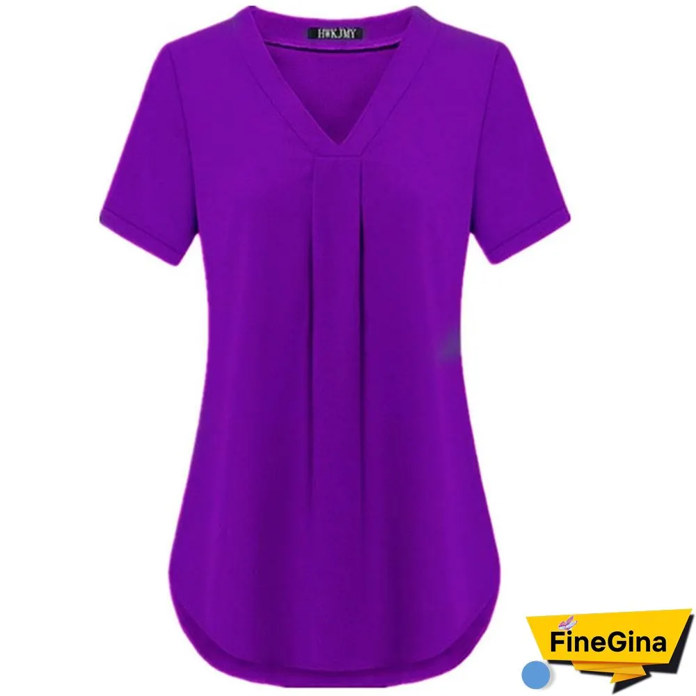 Womens Fashion Summer Sexy V-neck Short Sleeve Shirt Solid Color Loose Pleated Chiffon T