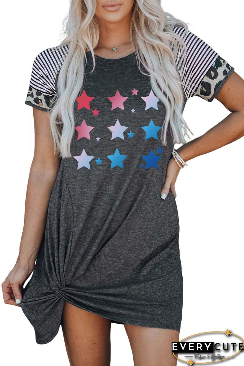 Gray Flag Day Star Print Leopard Stripe Sleeve Dress