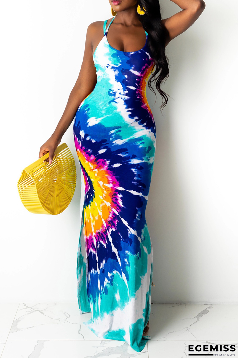 Blue Sexy Print Patchwork Halter Trumpet Mermaid Dresses | EGEMISS