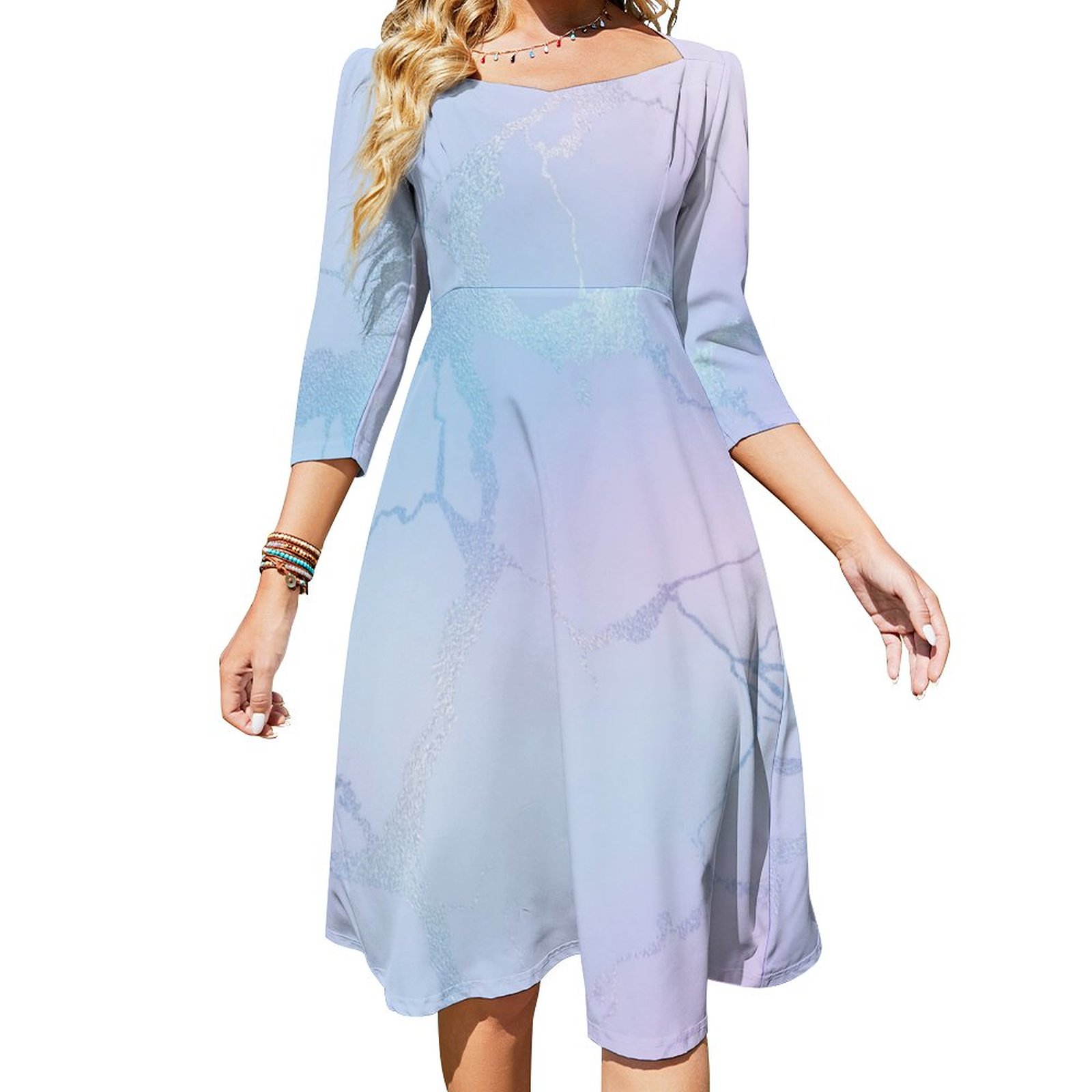 Pretty Shimmery Pastel Lavender Blue Pink Dress Sweetheart Tie Back Flared 3/4 Sleeve Midi Dresses