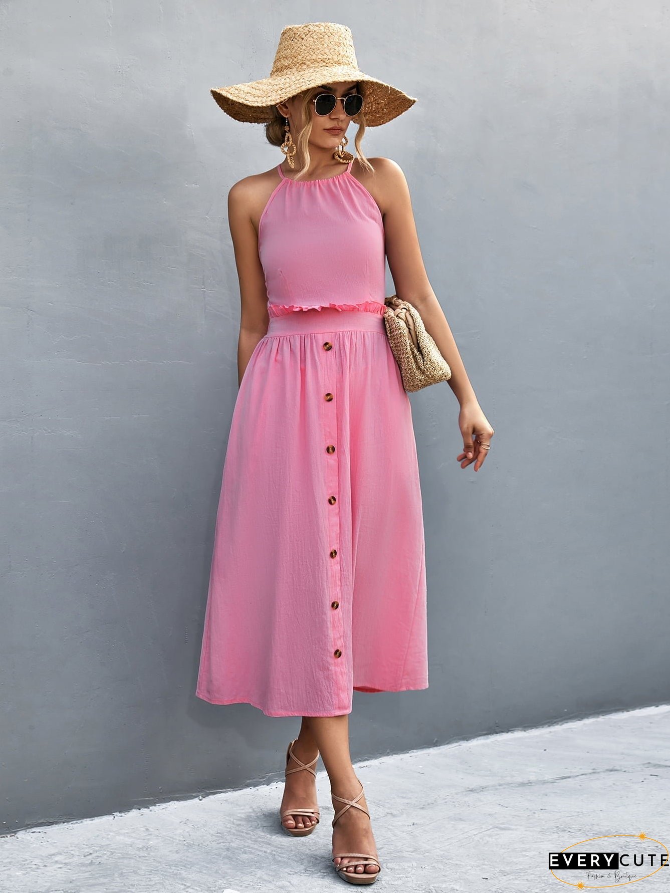 Buttoned Halter Neck Frill Trim Midi Dress