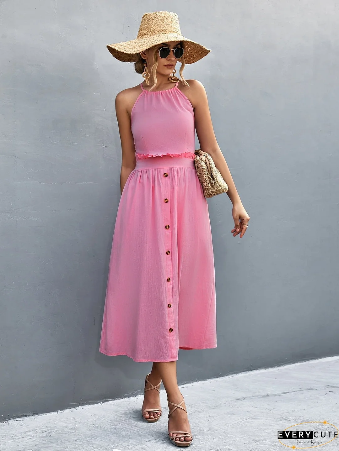 Buttoned Halter Neck Frill Trim Midi Dress