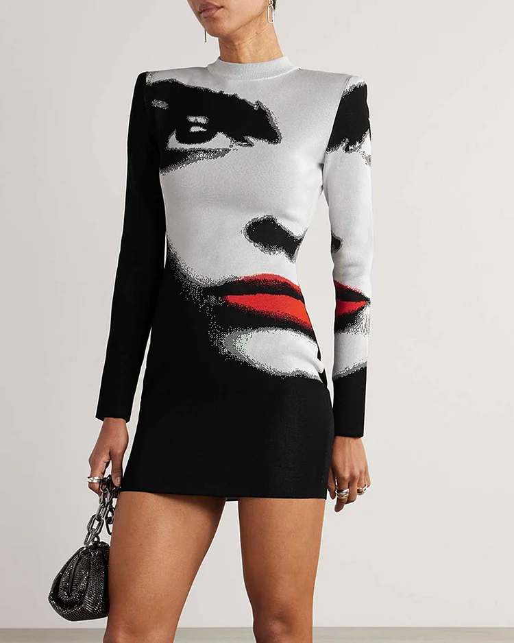 Printed jacquard-knit mini dress 