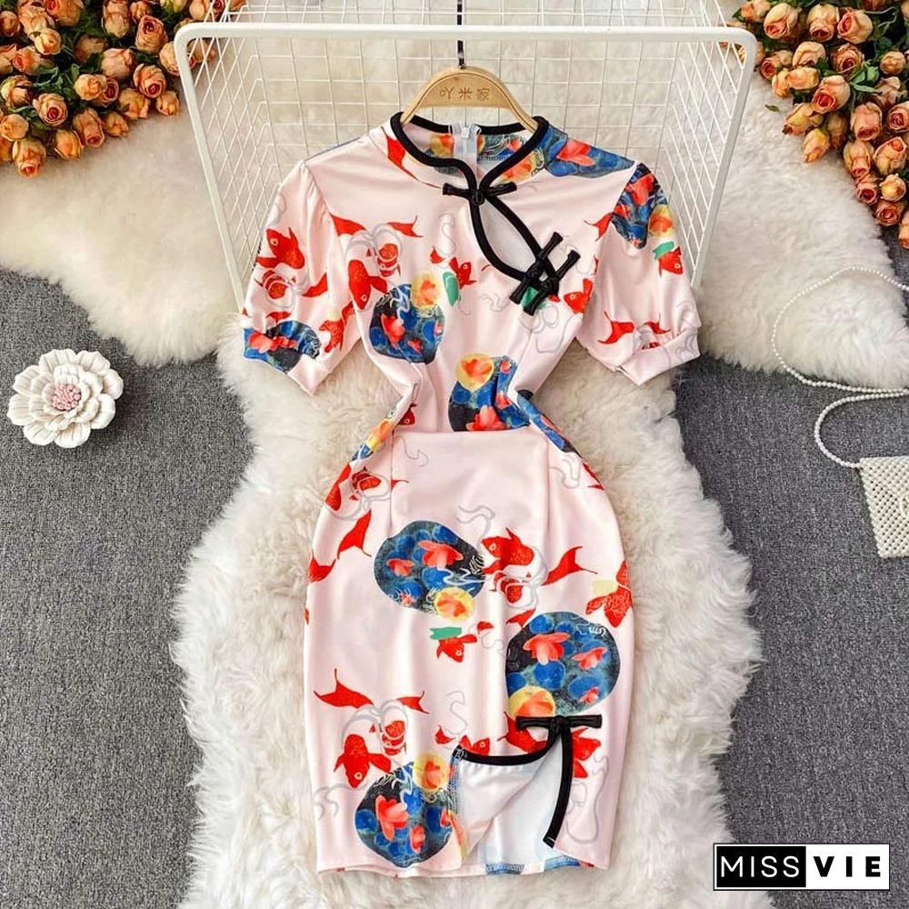 Vintage Print Buckle Split Cheongsam Dress