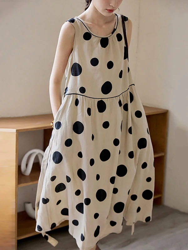 Loose Sleeveless Contrast Color Pleated Polka-Dot Split-Joint Tied Waist Round-Neck Midi Dresses