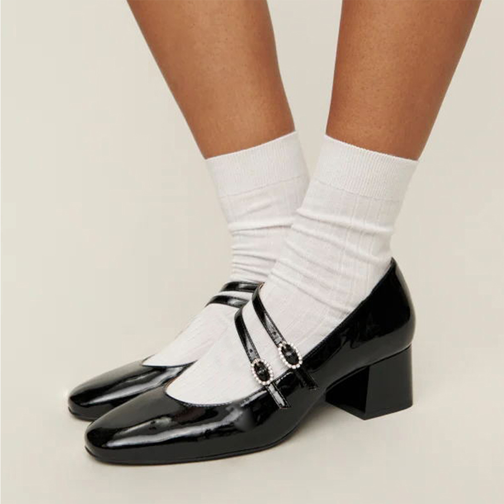 Black Patent Leather Round Toe Chunky Heel Strappy Loafers Nicepairs