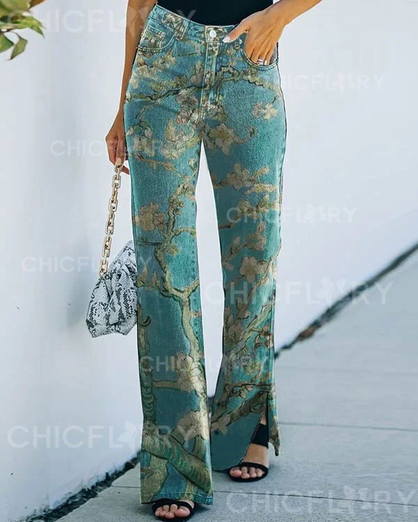 Retro Mid-rise Jeans Flare Slit Pants