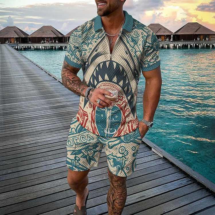 BrosWear Jaws Shark Undersea Print Short Sleeve Polo Shirt And Shorts Co-Ord