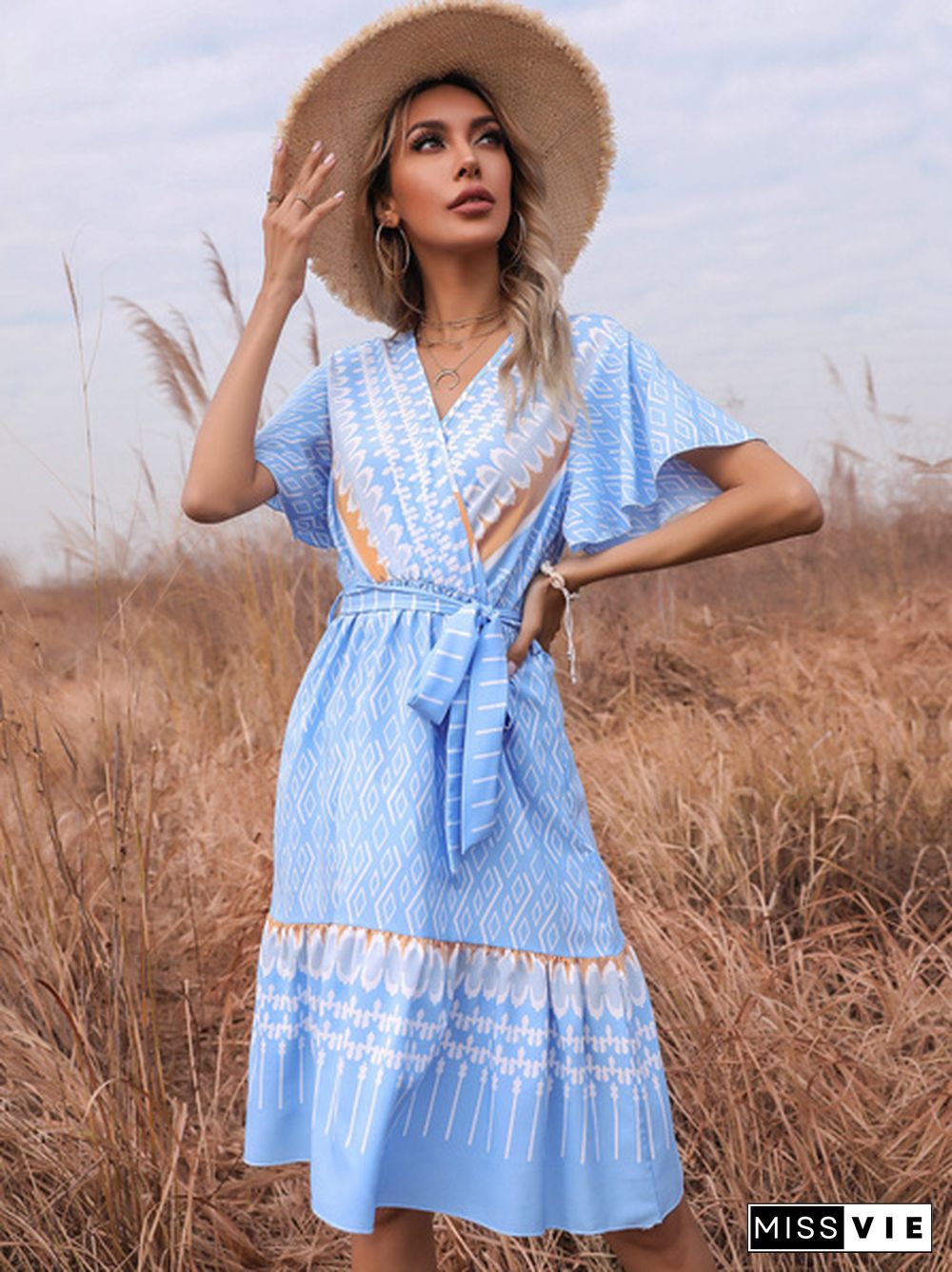 Tribal Print Flutter Sleeve Tie Side Warp Dress