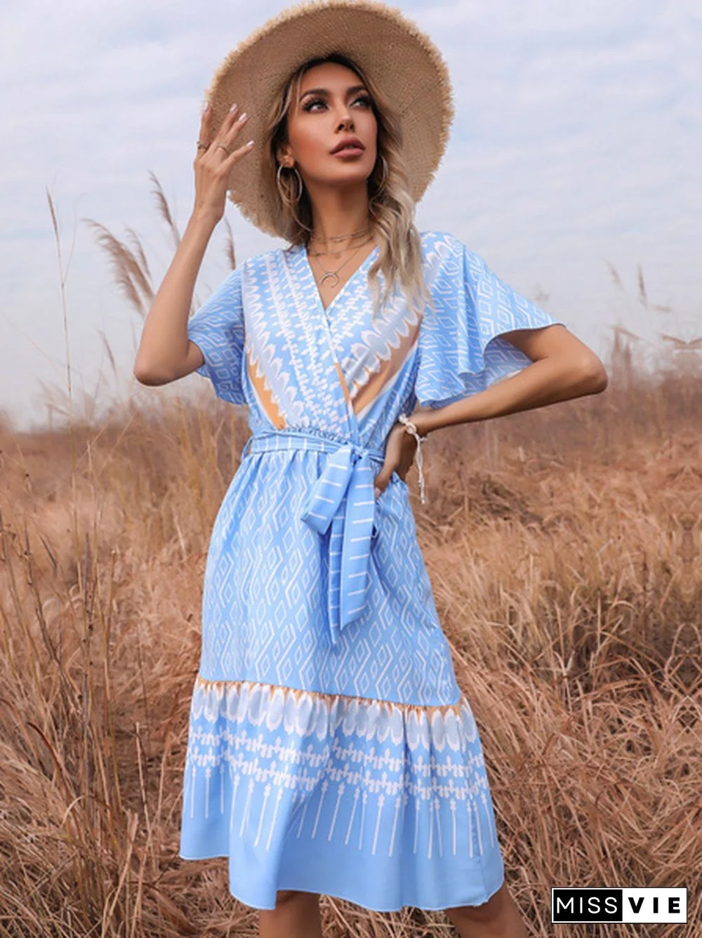 Tribal Print Flutter Sleeve Tie Side Warp Dress