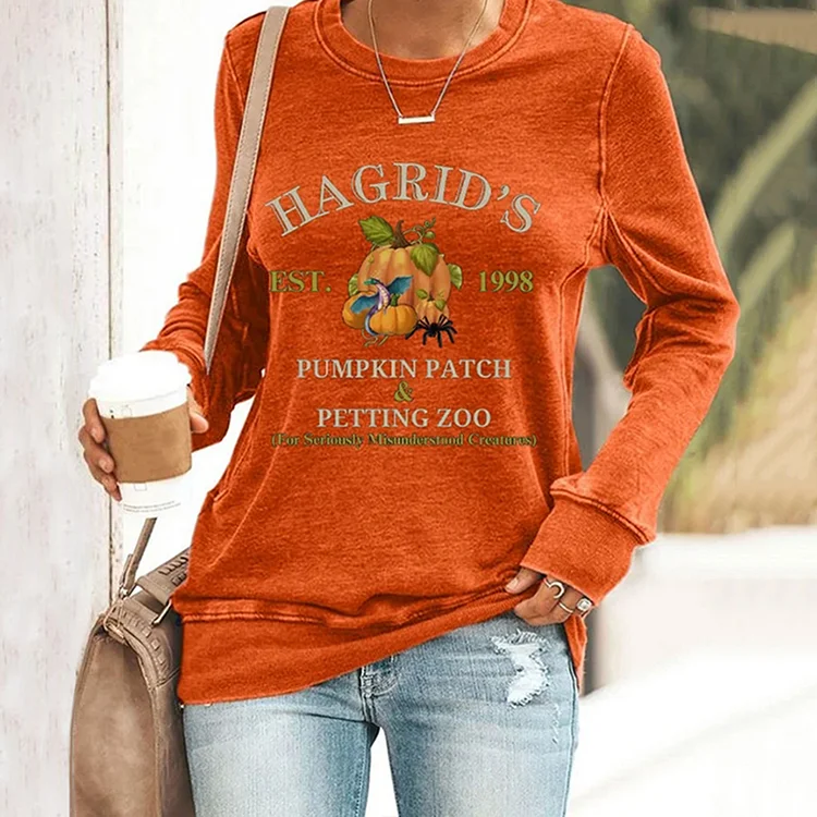 Comstylish Women's Halloween Hagrid's Pumpkin Patch Print Long Sleeve Sweatshirt