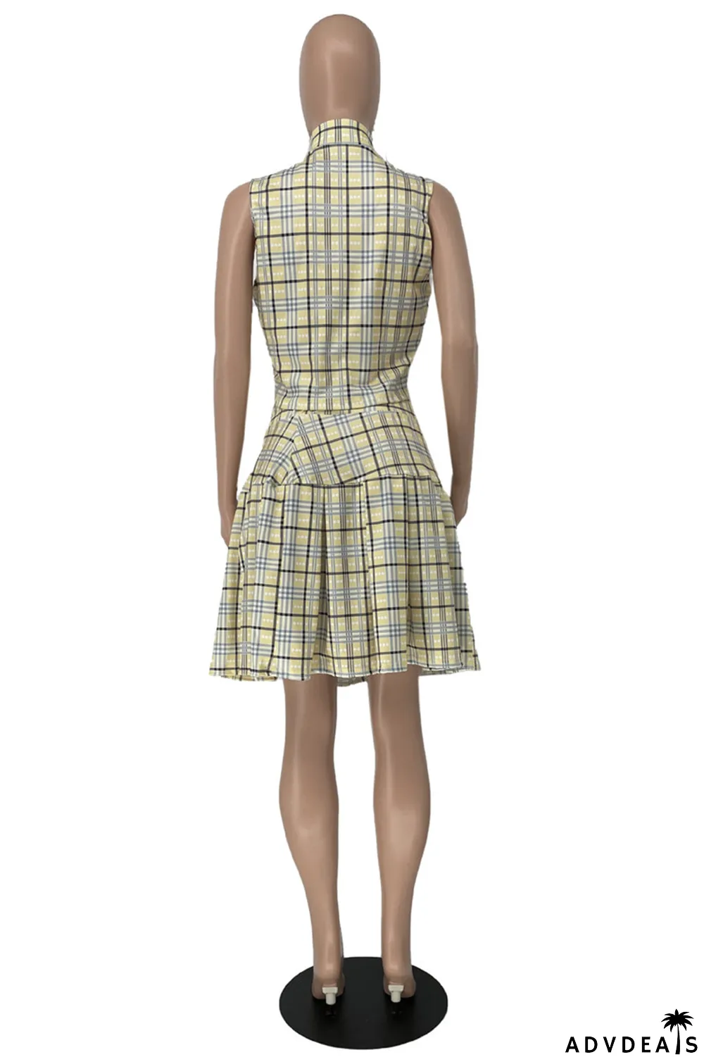 Yellow Fashion Casual Plaid Print Patchwork Zipper Collar Plus Size Two Pieces