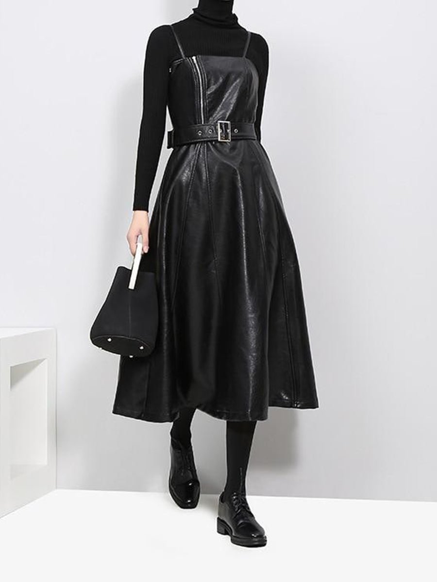 Solid Color Strapless Black PU Leather High Waist Belt Zipper Loose Dress  (black One Size)
