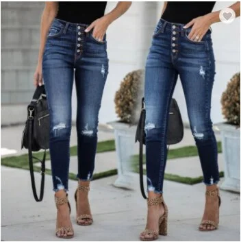 Graduation Gifts High-quality high-waisted retro-breasted fringed and ripped jeans women trousers