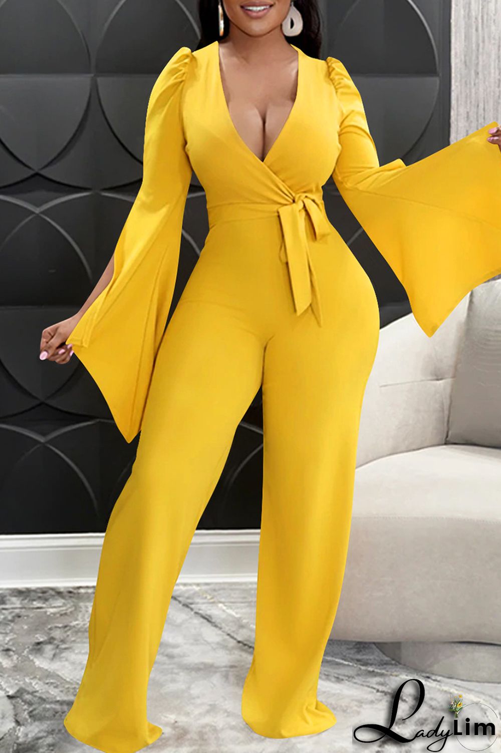 Blue Fashion Casual Solid Bandage Slit V Neck Regular Jumpsuits