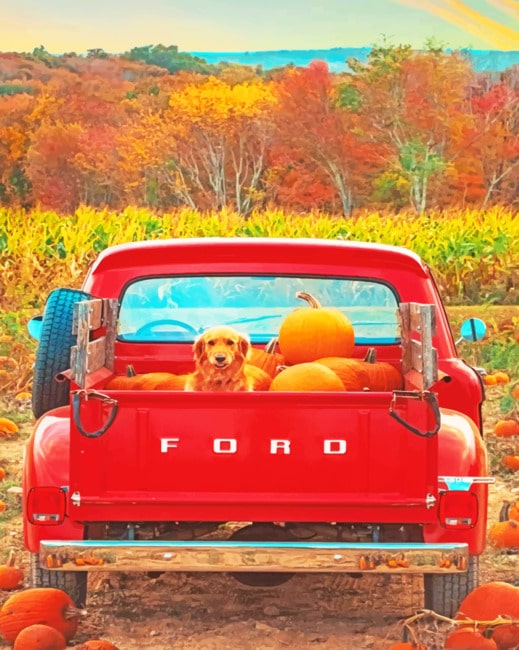 

Dog And Pumpkins In A Red Truck – Paint By Numbers - 40*50CM, 501 Original