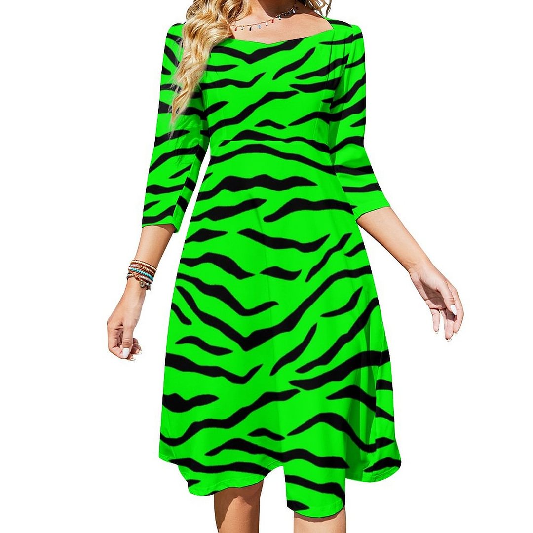 Bright Neon Green And Black Tiger Stripes Dress Sweetheart Tie Back Flared 3/4 Sleeve Midi Dresses
