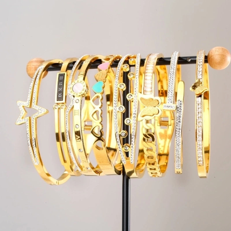 Casual Minimalist Round Heart Shape Butterfly Titanium Steel Zircon Bangle In Bulk