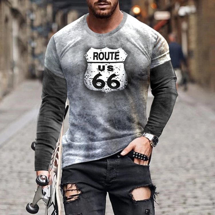 Men's Outdoor Retro Route 66 Printed Long Sleeve T-Shirt