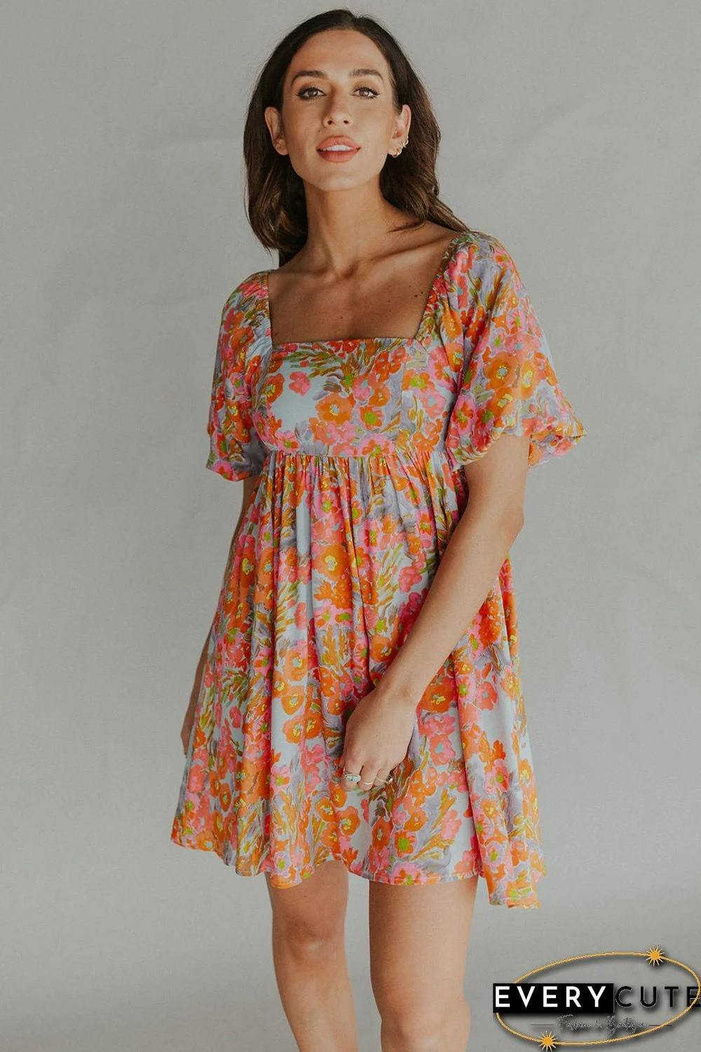 Orange High Waist Square Neck Puff Sleeve Floral Dress