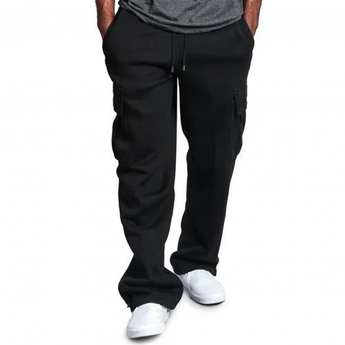 Casual Men Pants Solid Color Drawstring Loose Sports Trousers Straight Pants Multi Pockets Loose Men Sports Pants Sweatpants