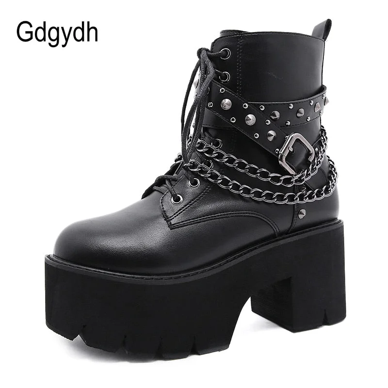 Gdgydh 2021 Gothic Black Ankle Boots For Women Plus High Heel Female Shoes Lace-Up Nigh Club Black Sexy Rivets Chain Short Boots