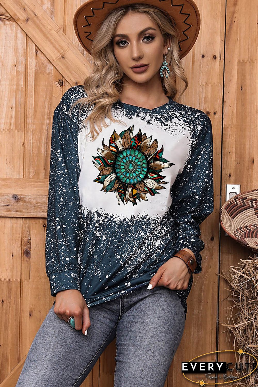Tie-dyed Sunflower Print Long Sleeve Pullover Sweatshirt