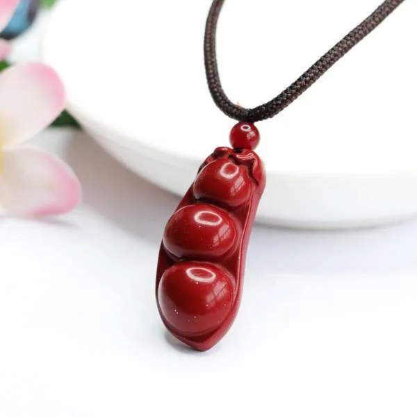 Natural Cinnabar Pea Lucky Pendant Necklace