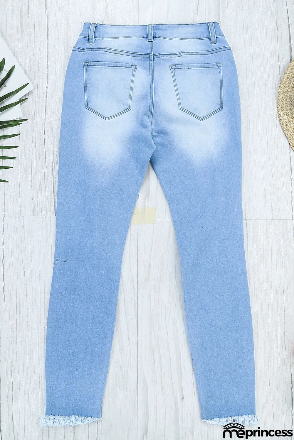 Fashion Light Blue Washed Ripped Holes Jeans