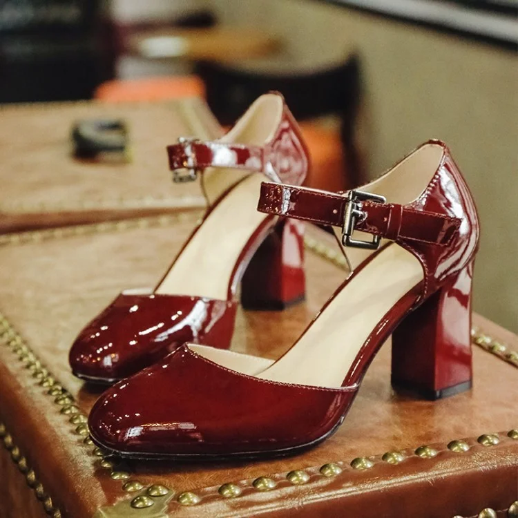 Burgundy Patent Leather Vintage Heels Square Toe Block Heel Pumps |FSJ Shoes