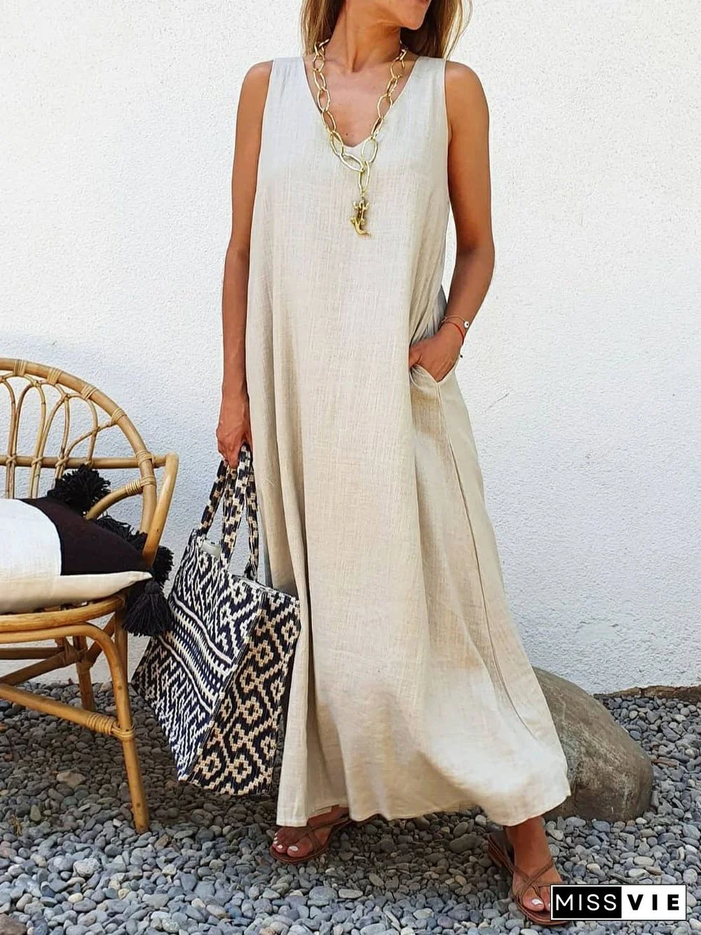 Linen Sleeveless A-Line Weaving Dress