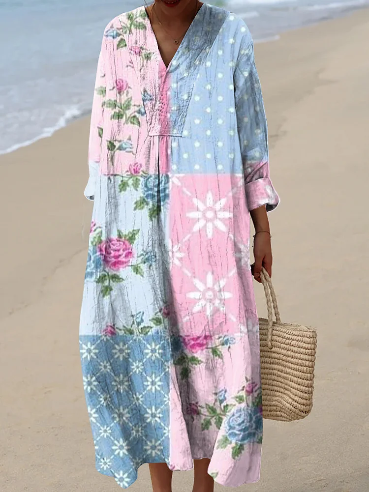 Women's Vintage Blue And Pink Floral Art Pattern Art Print Dress