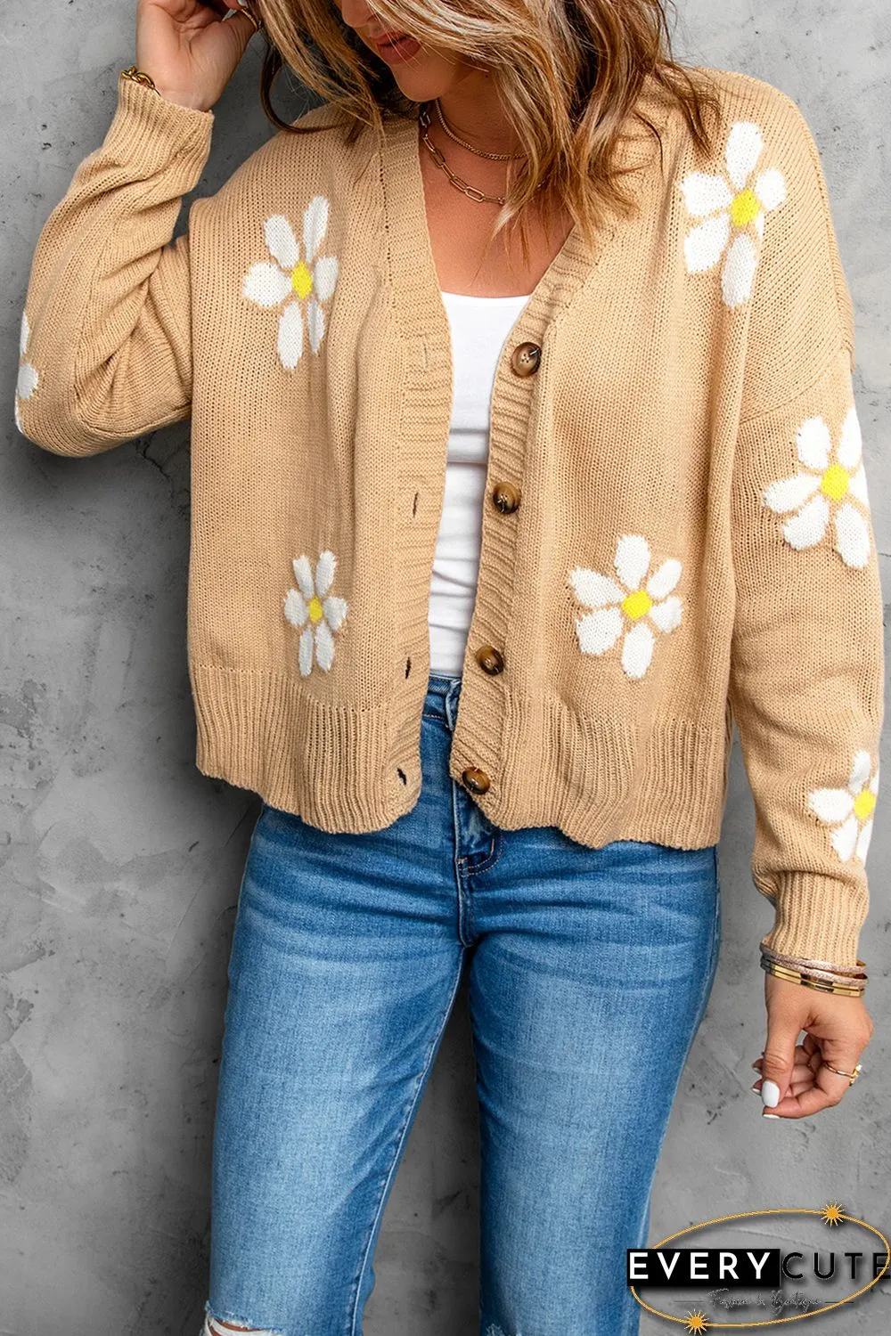 Khaki Daisy Pattern Knit Button Front Cardigan