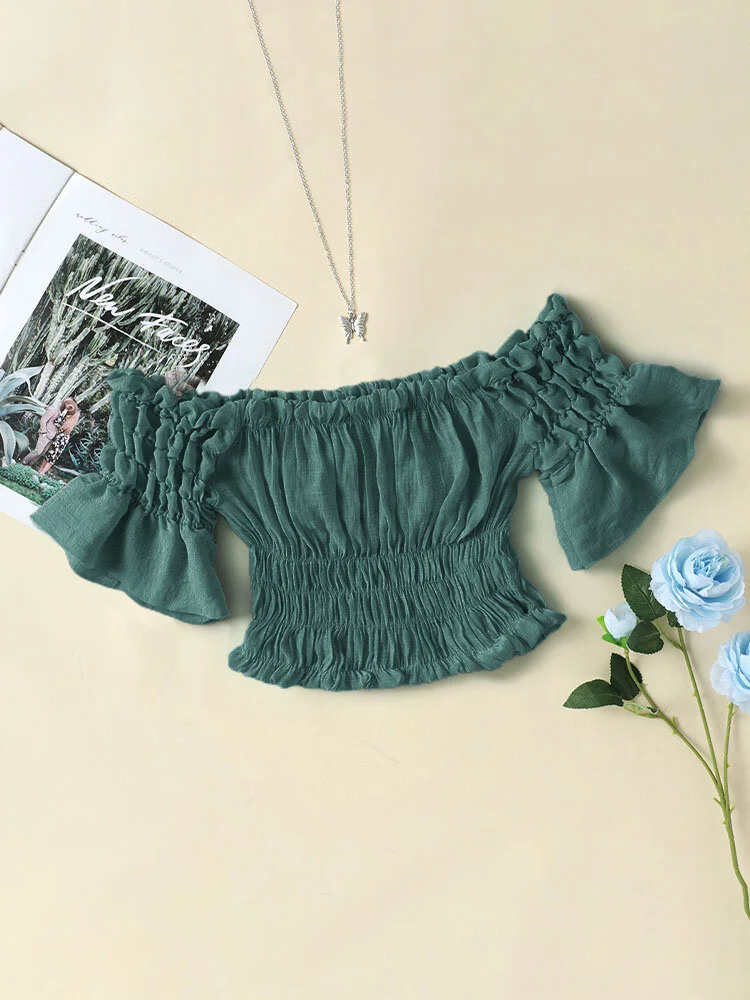Solid Elastic Waist Bell Sleeve Off Shoulder Crop Top