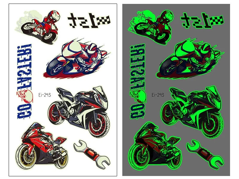 New Racing Waterproof Temporary Tatoo Sticker Children Cool Luminous Motorcycle Racing Fake Tattoo Night Glowing Tattoo Stickers