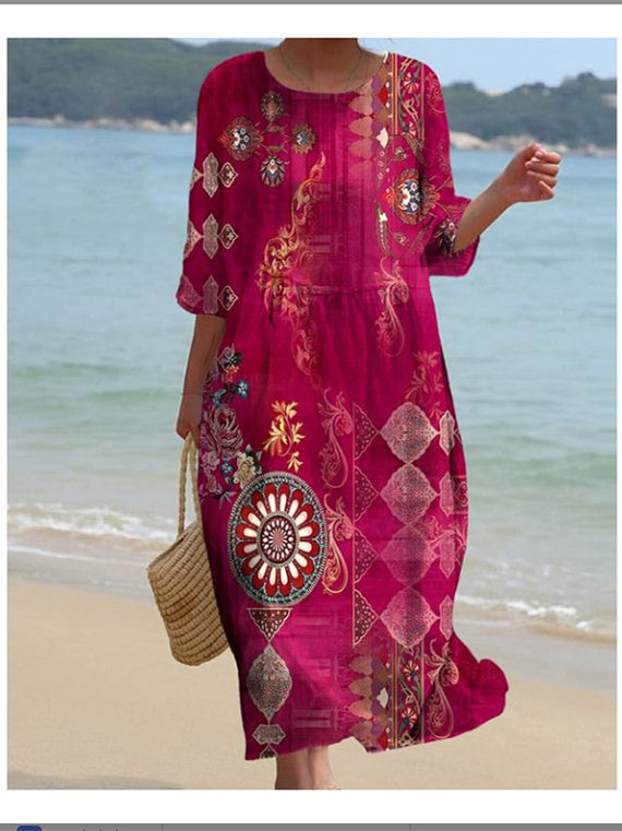 Women's 3/4 Sleeve Scoop Neck Graphic Printed Midi Dress