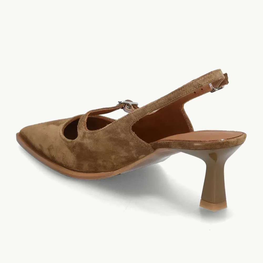 Brown Pointed Toe Kitten Heel Slingback Pumps with Buckle Strap