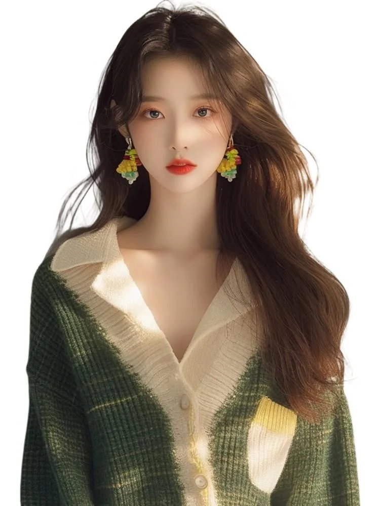 Athvotar Athvotar Year's Popular Beautiful Little Shirt Small Man Fashionable Loose Thin Green V Collar Knit Long Sleeve Open Shirt Woman