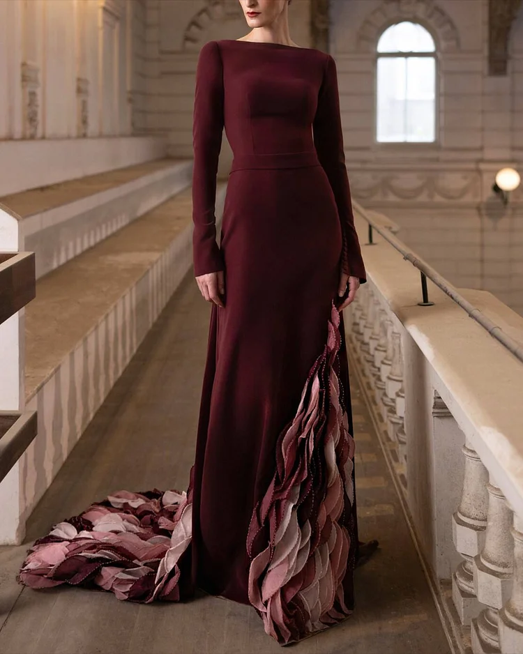 Women's Round Neck Long Sleeve Red Dress