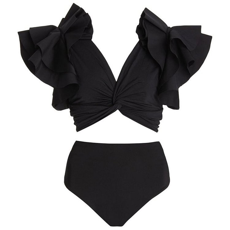 Flaxmaker Ruffle Solid Black Bikini Swimsuit